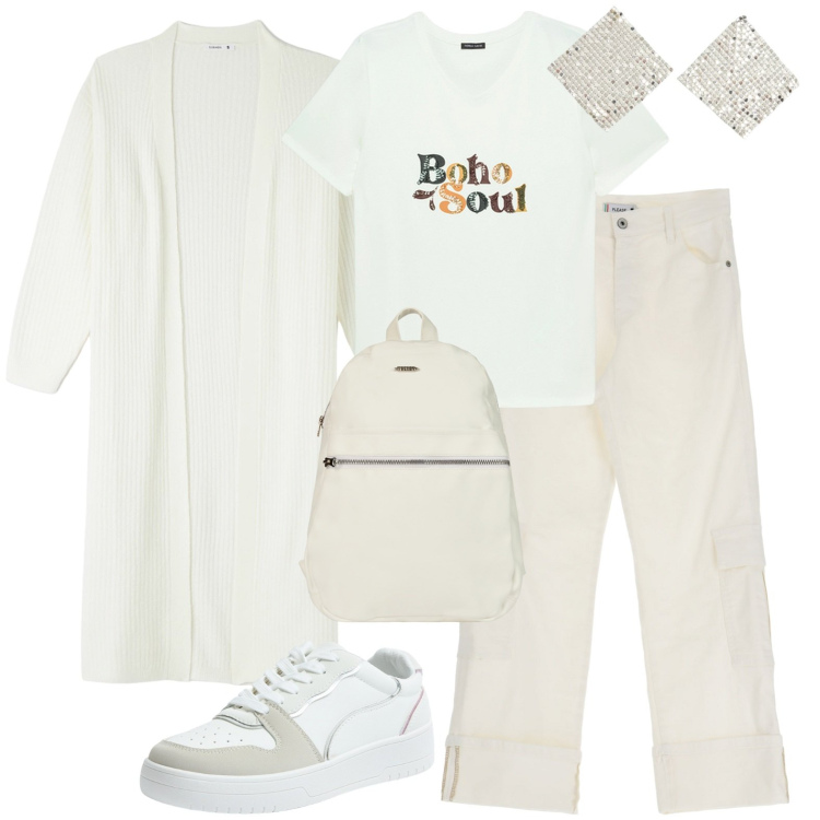 Outfit donna - Total look #1959847. Stile Casual per Tutti i giorni. Abbinamento con orecchini, cardigans, sneakers, pantaloni cargo, zaini, t-shirt.