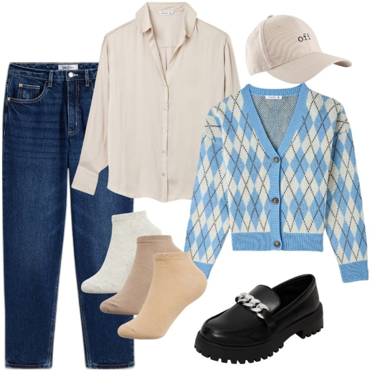Outfit donna - Total look #1959863. Stile Preppy per Tutti i giorni. Abbinamento con cappelli con visiera, jeans mom, cardigans, mocassini, calzini, camicie.