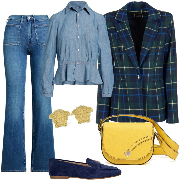 Outfit donna - Total look #1959873. Stile Preppy per Ufficio. Abbinamento con blazer, mocassini, jeans bootcut, camicie, borse a tracolla, orecchini.