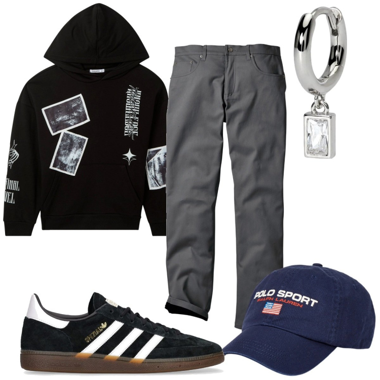 Outfit uomo - Total look #1959898. Stile Urban per Tutti i giorni. Abbinamento con pantaloni, felpe con cappuccio, orecchini, berretti, sneakers.