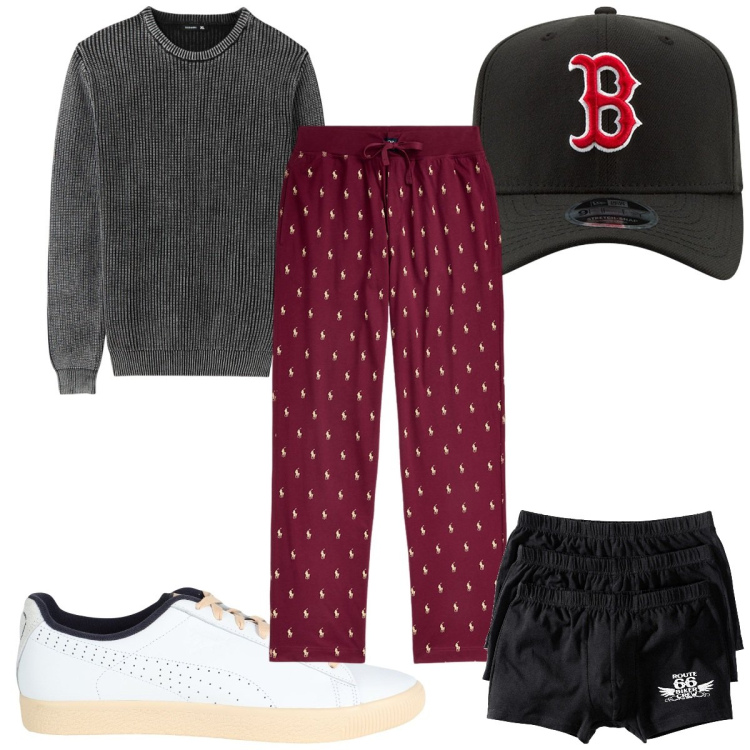 Outfit uomo - Total look #1959908. Stile Trendy per Tutti i giorni. Abbinamento con boxer, sneakers, maglieria, pantaloni, cappelli con visiera.