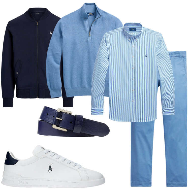 Outfit uomo - Blu totale. Stile Trendy per Tutti i giorni. Abbinamento con camicie, sneakers, bomber, pantaloni, maglieria, cinture.