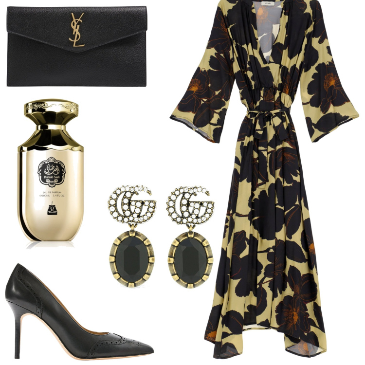 Outfit donna - Cerimonia a settembre. Stile Chic per Cerimonia. Abbinamento con profumi, vestiti lunghi, décolleté, orecchini, pochette.