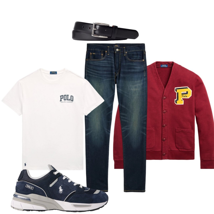 Outfit uomo - Stile college. Stile Trendy per Tutti i giorni. Abbinamento con cinture, jeans, cardigans, t-shirt, sneakers.
