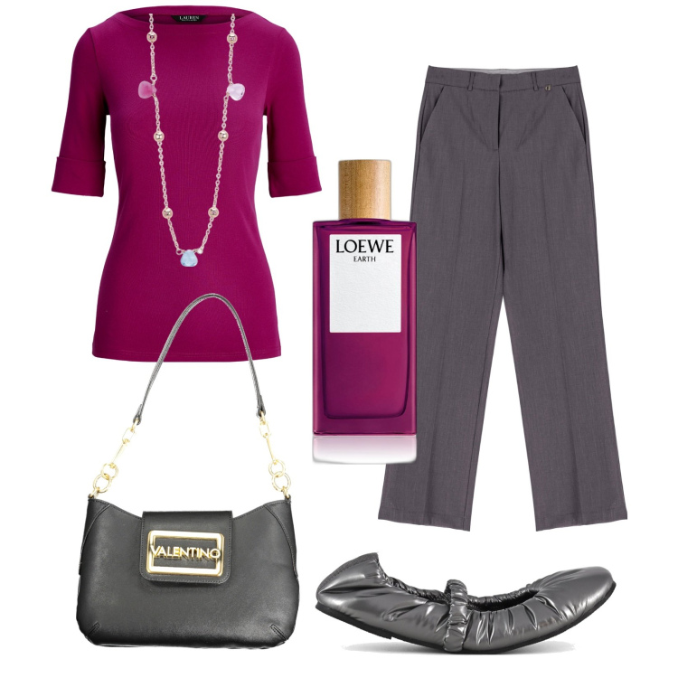 Outfit donna - L\'ufficio. Stile Bon Ton per Ufficio. Abbinamento con profumi, collane, pantaloni, maglieria, ballerine, borse a spalla.