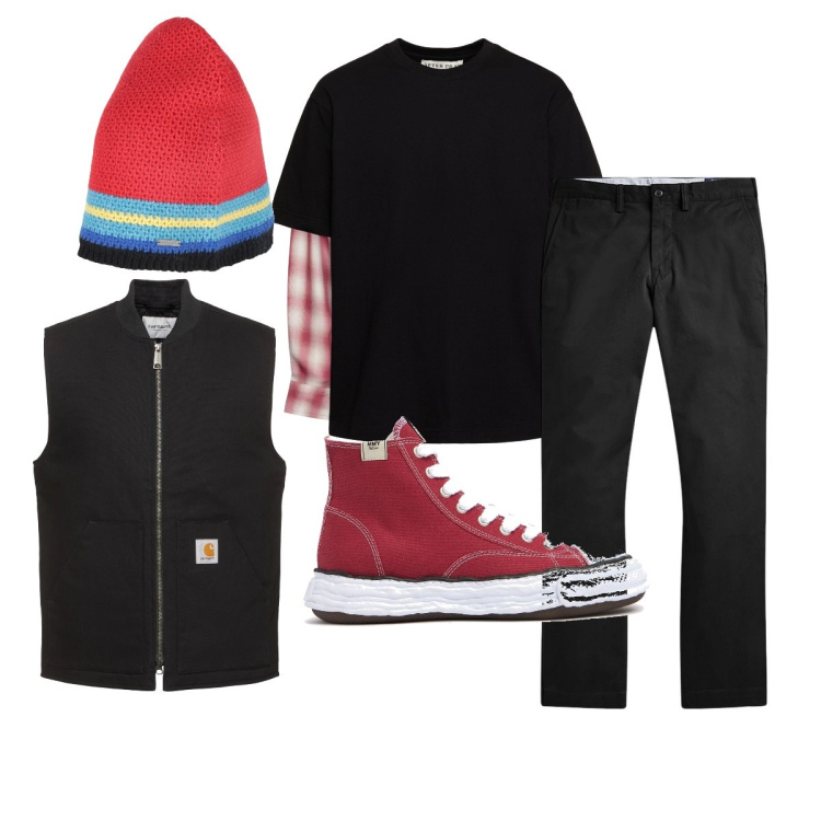 Outfit uomo - Total look #1959960. Stile Trendy per Serata speciale. Abbinamento con cappelli, pantaloni, gilet, sneakers, t-shirt.