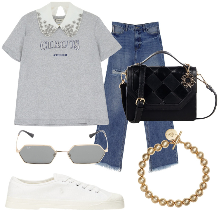Outfit donna - CasGlam. Stile Glamour per Tutti i giorni. Abbinamento con t-shirt, jeans slim fit, borse a tracolla, braccialetti, sneakers, occhiali da sole.