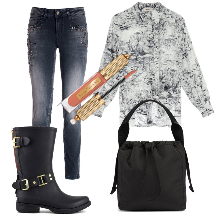 Outfit donna - Total look #1959964. Stile Urban per Tutti i giorni. Abbinamento con rossetti, jeans skinny, camicie, stivali, borse a mano.