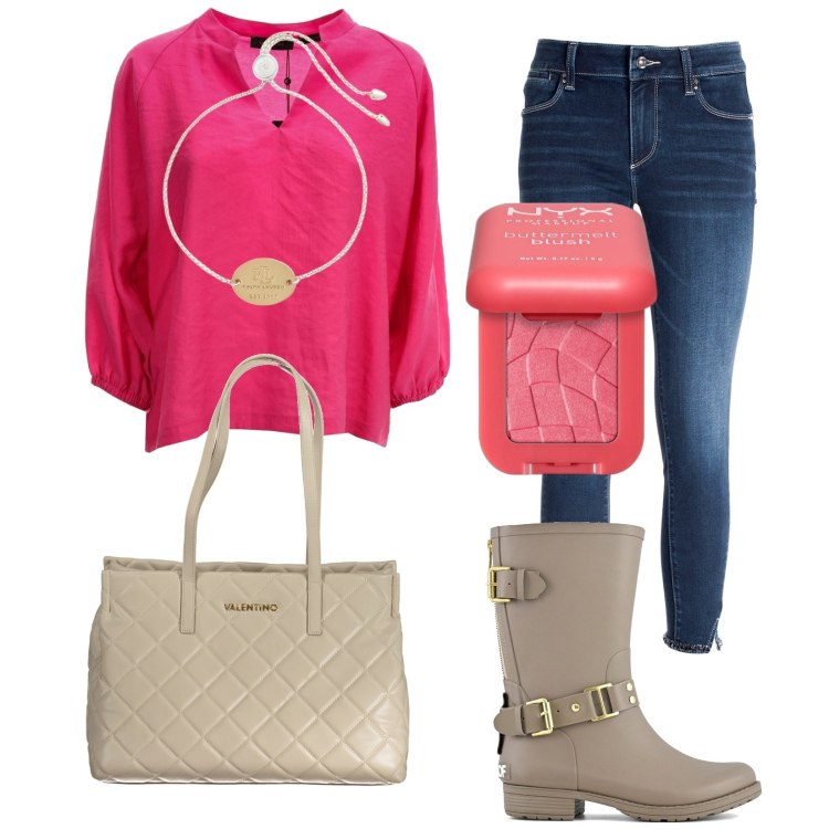 Outfit donna - Total look #1959967. Stile Casual per Tutti i giorni. Abbinamento con blush, jeans skinny, braccialetti con ciondoli, stivali, bluse, borse a spalla.