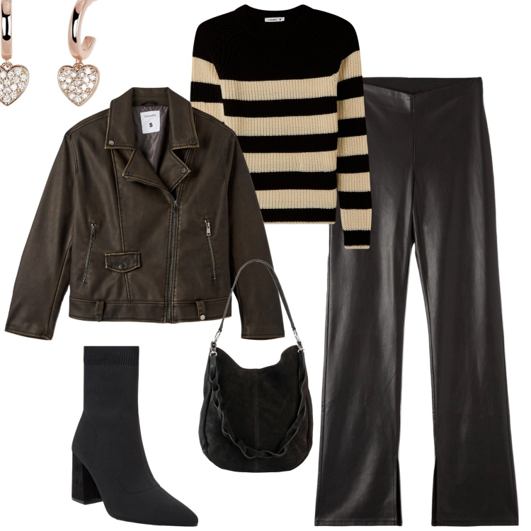 Outfit donna - City. Stile Urban per Tutti i giorni. Abbinamento con borse a mano, maglieria, pantaloni, giacche, stivaletti, orecchini.
