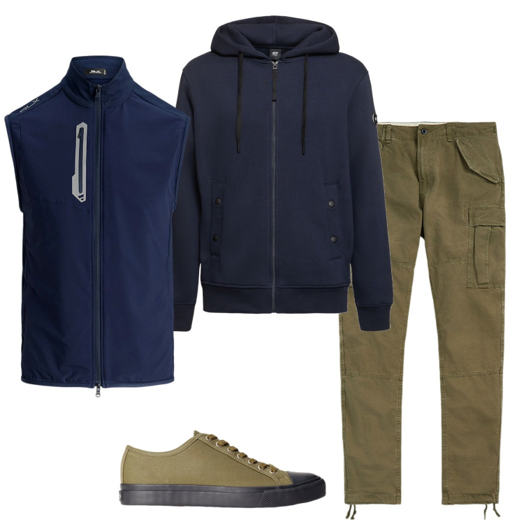 Outfit uomo - Total look #1960001. Stile Casual per Tutti i giorni. Abbinamento con sneakers, pantaloni cargo, gilet, felpe con cappuccio.