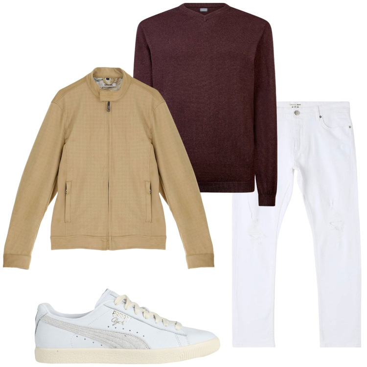 Outfit uomo - Mix and match. Stile Casual per Tutti i giorni. Abbinamento con sneakers, jeans strappati, giacche, maglieria.
