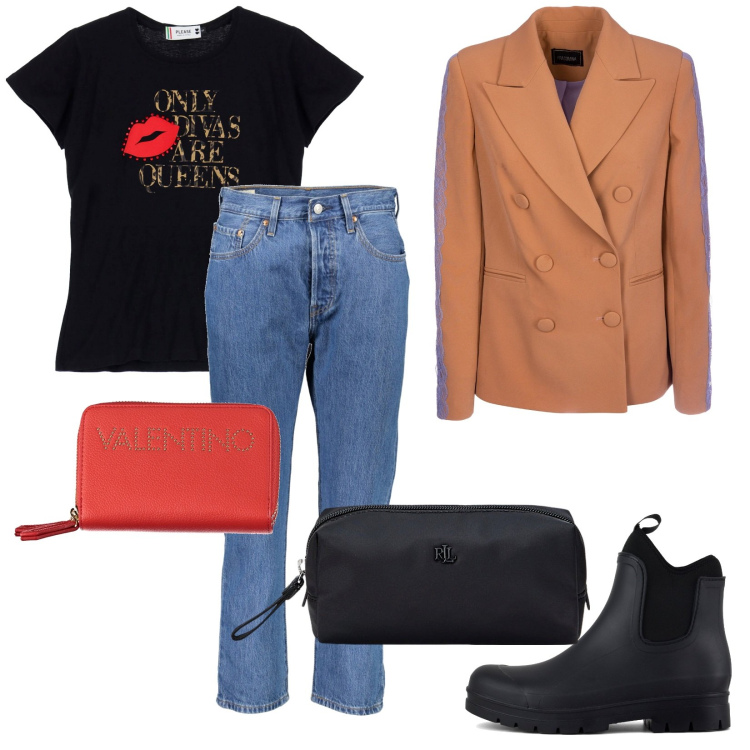 Outfit donna - La giacca per l\'autunno. Stile Trendy per Tutti i giorni. Abbinamento con blazer, t-shirt, pochette, stivali, jeans, portafogli.