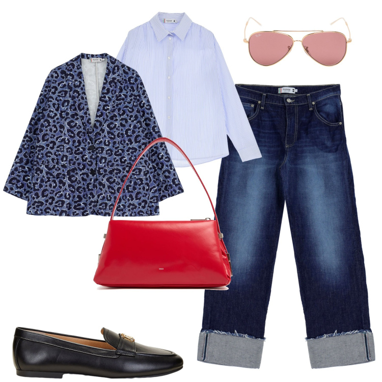 Outfit donna - Il risvolto di tendenza. Stile Trendy per Tutti i giorni. Abbinamento con jeans, camicie, blazer, mocassini, occhiali da sole, borse a spalla.