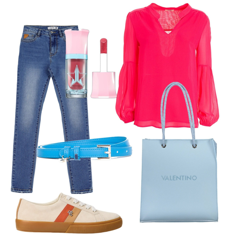 Outfit donna - Settembre colorato. Stile Casual per Tutti i giorni. Abbinamento con blush, jeans skinny, bluse, cinture, sneakers, borse a spalla.