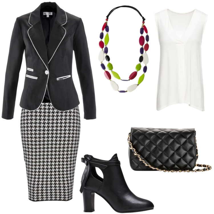 Outfit donna - La gonna pied de poule. Stile Chic per Cerimonia. Abbinamento con top, borse a tracolla, gonne, blazer, stivaletti, collane.