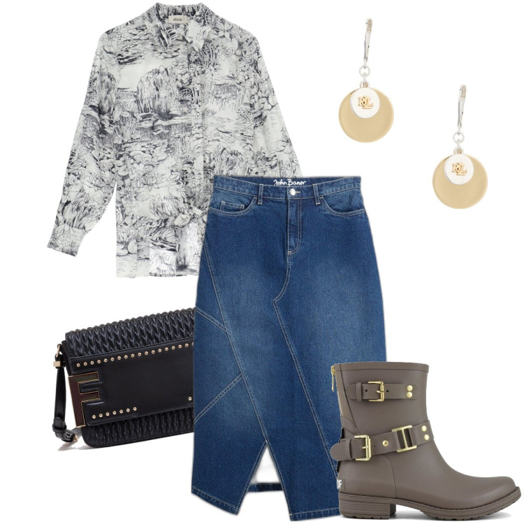 Outfit donna - La camicia stampata. Stile Casual chic per Ufficio. Abbinamento con gonne, borse a tracolla, camicie, orecchini, stivali.