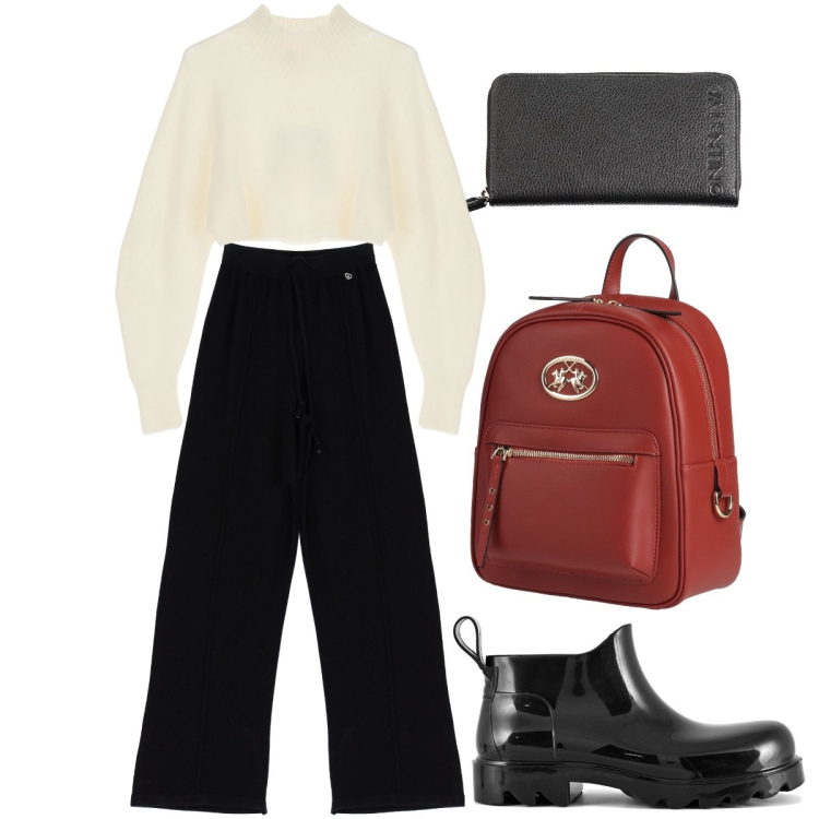 Outfit donna - Scarpe in gomma. Stile Urban per Tutti i giorni. Abbinamento con zaini, pantaloni, maglieria, stivali, portafogli.