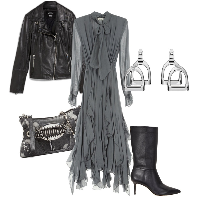 Outfit donna - Chic e rock. Stile Rock per Serata fuori. Abbinamento con blazer, vestiti lunghi, orecchini, stivali, pochette.