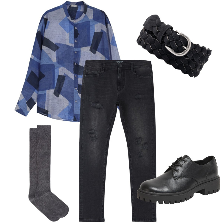 Outfit uomo - Fantasia geometrica. Stile Urban per Serata speciale. Abbinamento con jeans strappati, scarpe stringate, camicie, cinture, calzini.