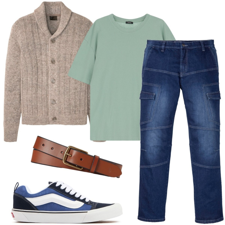 Outfit uomo - Esco con il cardigan. Stile Urban per Tutti i giorni. Abbinamento con cardigans, jeans dritti, t-shirt, cinture, sneakers.