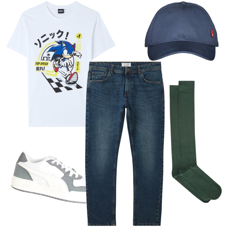Outfit uomo - Al salone dell’auto. Stile Urban per Tutti i giorni. Abbinamento con sneakers, t-shirt, jeans, calzini, cappelli con visiera.