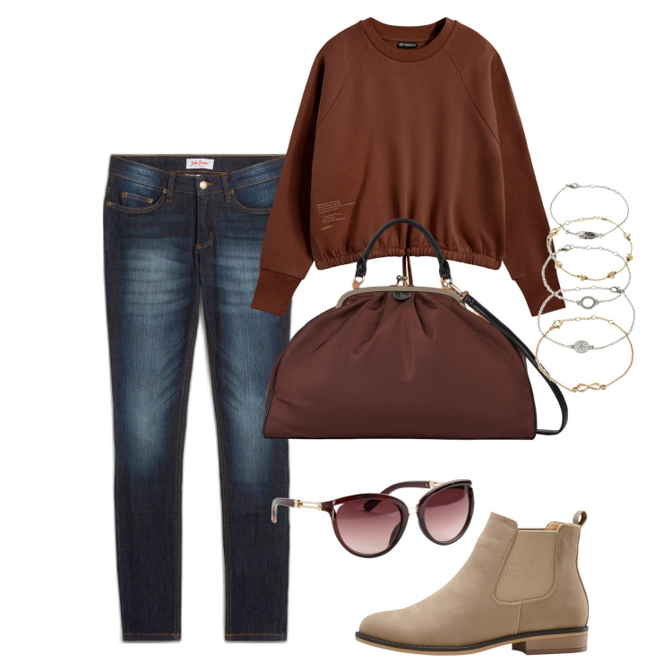 Outfit donna - Cannella. Stile Casual per Tutti i giorni. Abbinamento con jeans skinny, stivaletti chelsea, braccialetti con ciondoli, occhiali da sole, felpe, borse a spalla.