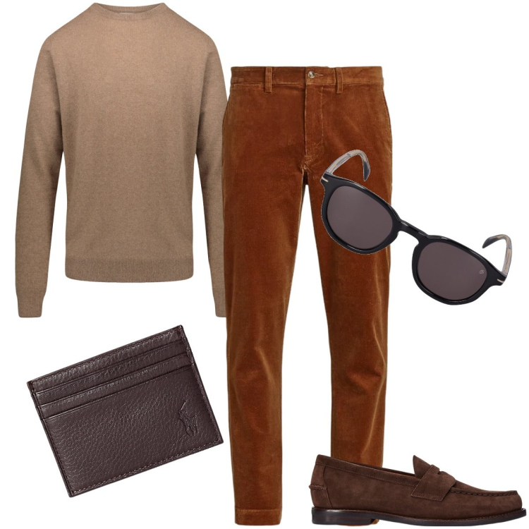 Outfit uomo - Marrone di varie tonalità. Stile Business/Elegante per Serata speciale. Abbinamento con portafogli, scarpe stringate, pantaloni, maglieria, occhiali da sole.