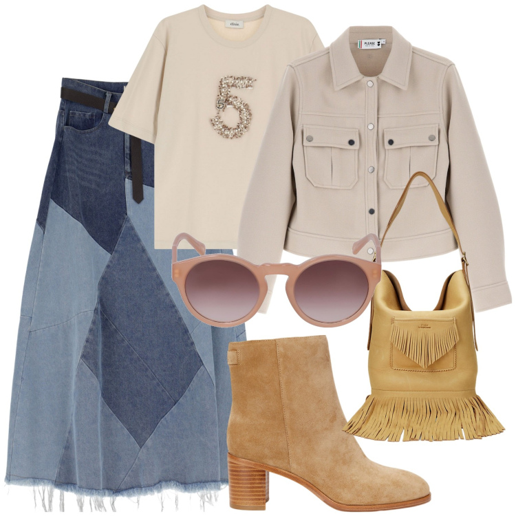 Outfit donna - Frange. Stile Preppy per Tutti i giorni. Abbinamento con blazer, gonne longuette, t-shirt, stivaletti, borse a secchiello, occhiali da sole.