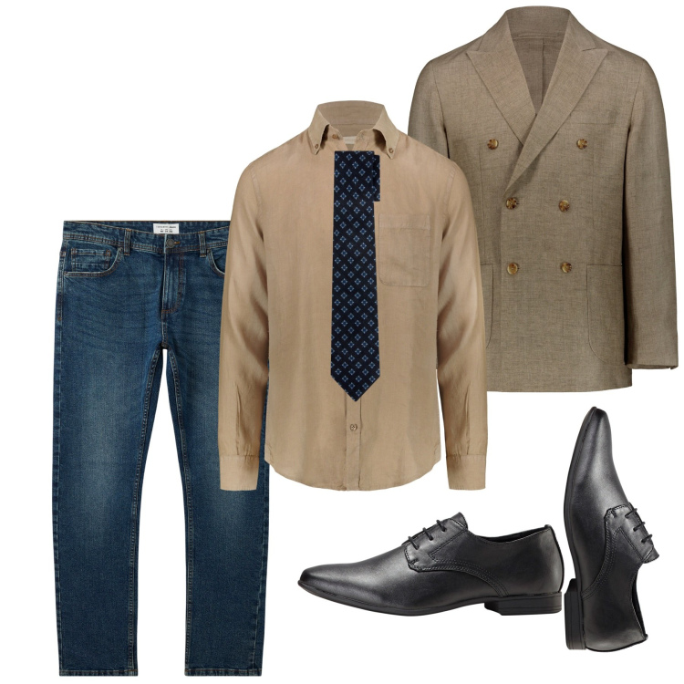 Outfit uomo - Doppiopetto cammello. Stile Trendy per Serata speciale. Abbinamento con scarpe stringate, jeans, cravatte, camicie, giacche.