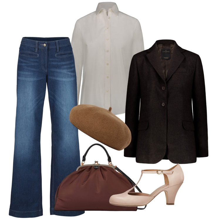 Outfit donna - Rocchetto e basco biscotto. Stile Mannish per Tutti i giorni. Abbinamento con jeans, décolleté, cappelli e berretti, blazer, borse a spalla, camicie.