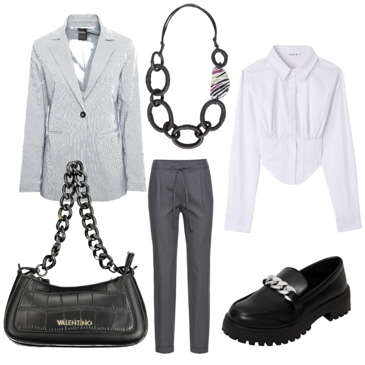 Outfit donna - Intramontabile grigio. Stile Chic per Ufficio. Abbinamento con pantaloni, camicie, mocassini, collane, blazer, borse a spalla.