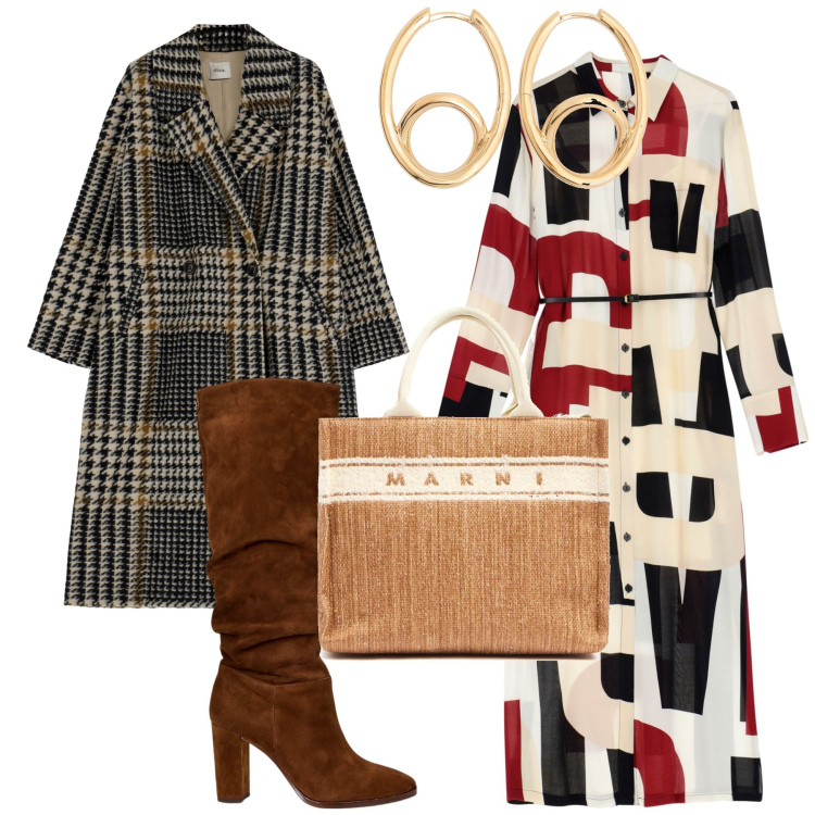 Outfit donna - Il cappotto check. Stile Bon Ton per Ufficio. Abbinamento con vestiti lunghi, cappotti, stivali, borse a spalla, orecchini.