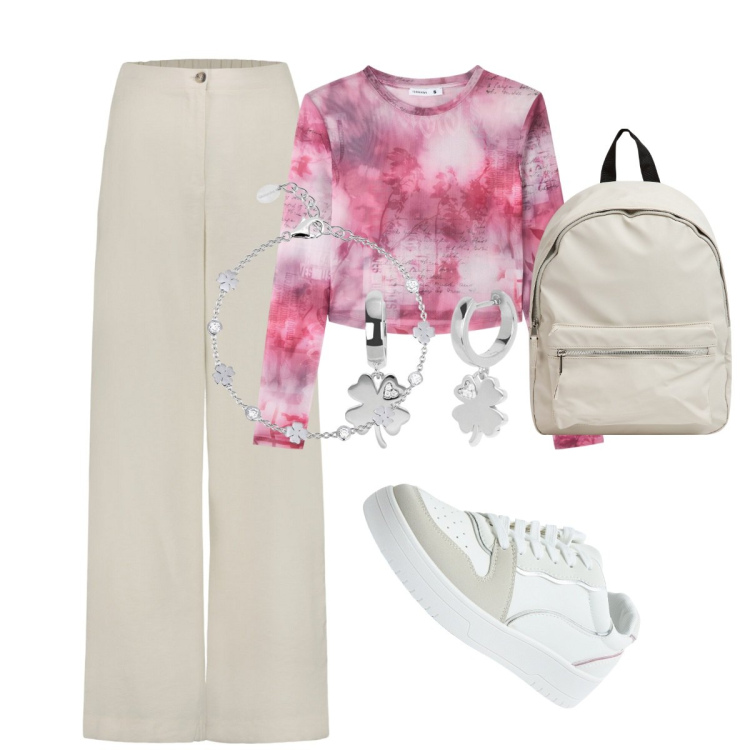 Outfit donna - Ritorno all\'università!. Stile Trendy per Scuola/Università. Abbinamento con t-shirt, sneakers, zaini, orecchini, braccialetti, pantaloni.
