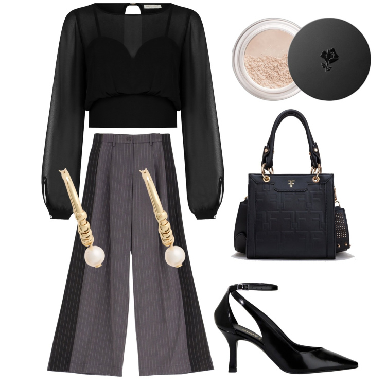 Outfit donna - Blusa per la sera. Stile Glamour per Serata fuori. Abbinamento con ciprie, bluse, borse tote, pantaloni, orecchini, décolleté.