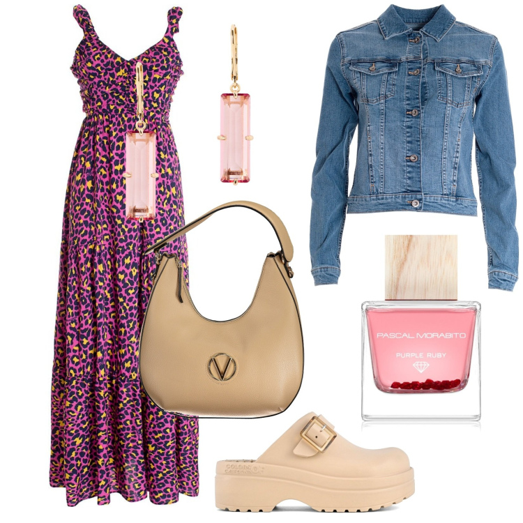 Outfit donna - Una domenica. Stile Casual per Tutti i giorni. Abbinamento con profumi, giacche, vestiti lunghi, orecchini, borse a spalla, sandali.