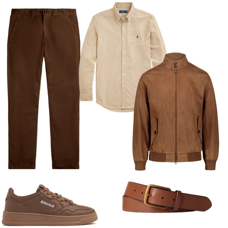 Outfit uomo - Variazioni di marrone. Stile Casual per Serata speciale. Abbinamento con cinture, pantaloni, camicie, giacche, sneakers.