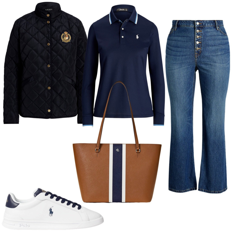 Outfit donna - Preppy style con classe. Stile Preppy per Ufficio. Abbinamento con sneakers, borse tote, jeans, polo, giacche.