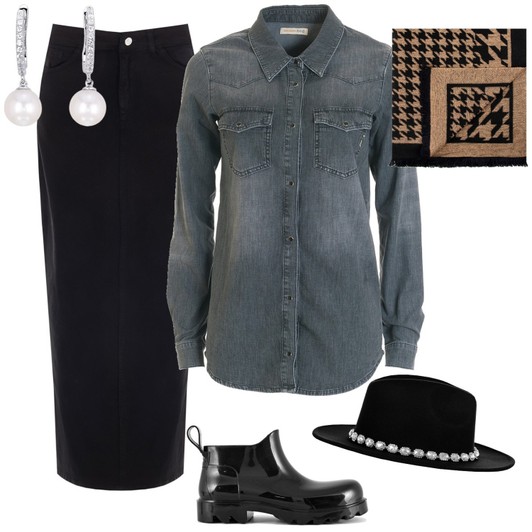Outfit donna - Moda autunnale. Stile Mannish per Serata fuori. Abbinamento con orecchini, gonne lunghe, cappelli, sciarpe, camicie, stivali.