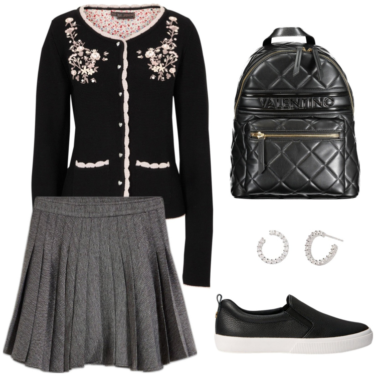 Outfit donna - Studentessa modello. Stile Preppy per Scuola/Università. Abbinamento con cardigans, minigonne, orecchini, sneakers, zaini.