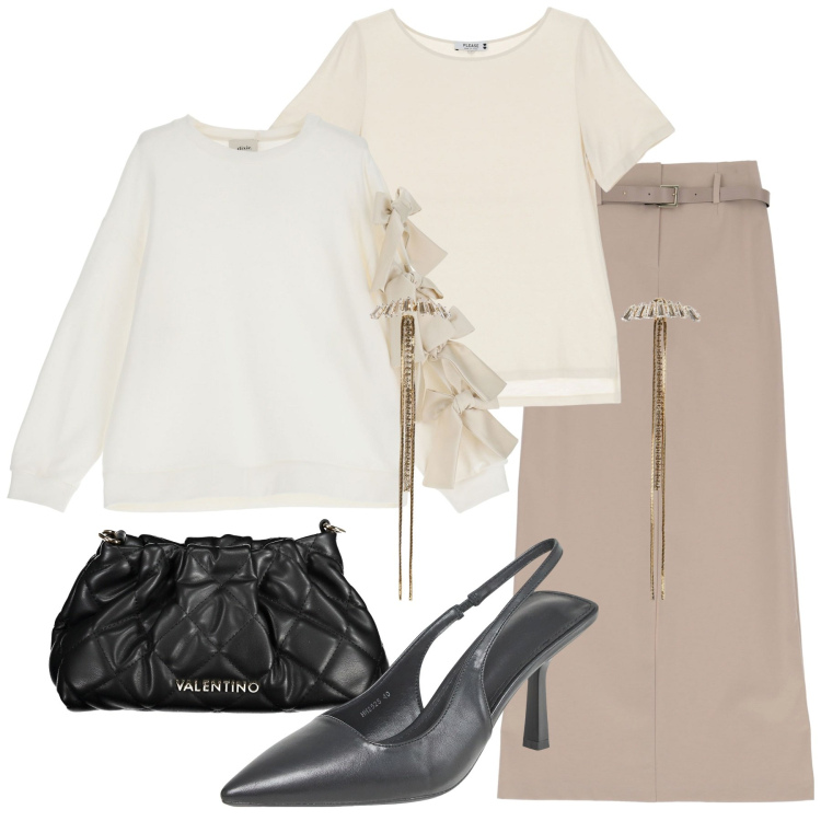 Outfit donna - Con la felpa in ufficio. Stile Chic per Ufficio. Abbinamento con orecchini, décolleté, t-shirt, gonne lunghe, felpe, borse a mano.