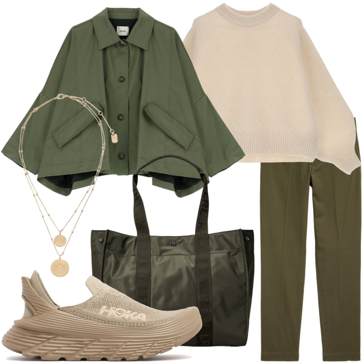 Outfit donna - La mantella verde oliva. Stile Trendy per Tutti i giorni. Abbinamento con pullovers, blazer, pantaloni chino, ciondoli, borse tote, sneakers.