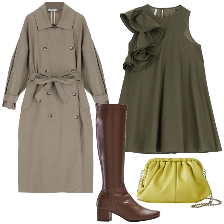 Outfit donna - Colori autunnali. Stile Chic per Serata fuori. Abbinamento con stivali, borse a tracolla, cappotti, vestiti corti.