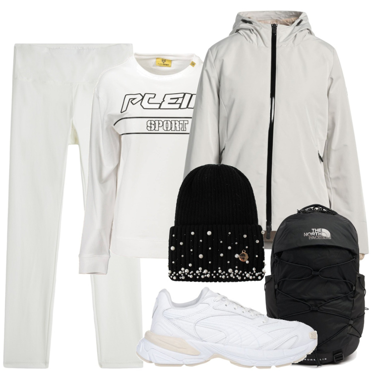 Outfit donna - Passeggiando. Stile Sporty chic per Sport. Abbinamento con sneakers, piumini, berretti, leggings, zaini, felpe.