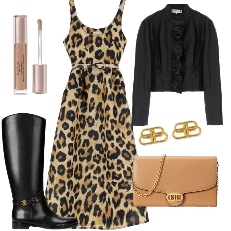 Outfit donna - Wild dress. Stile Chic per Serata fuori. Abbinamento con correttori, giacche, vestiti midi/longuette, borse a tracolla, stivali, orecchini.