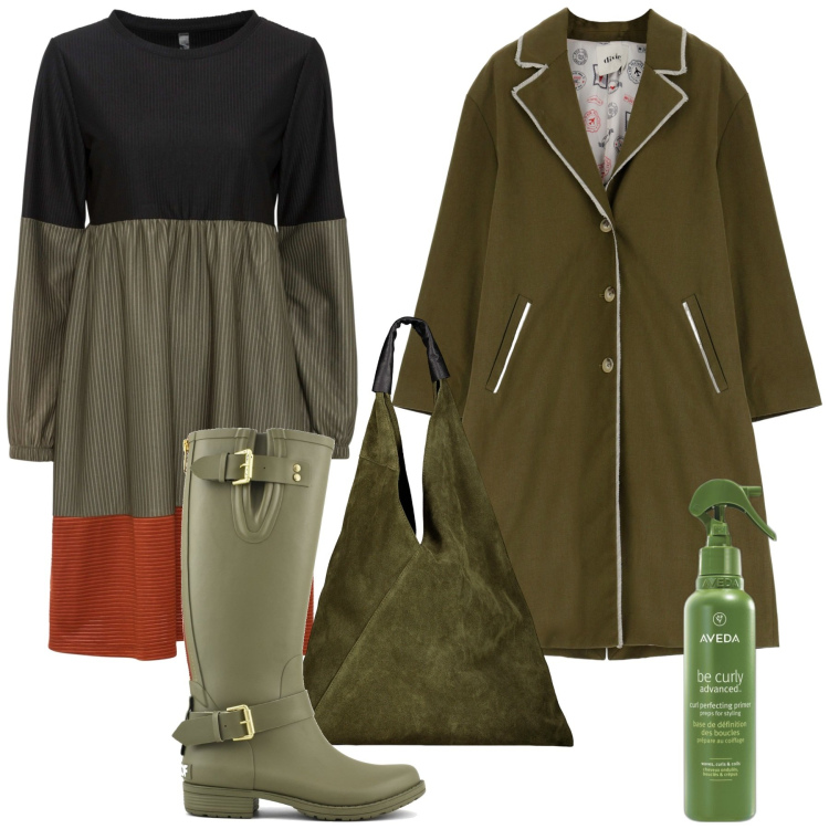 Outfit donna - In caso di pioggia. Stile Casual chic per Tutti i giorni. Abbinamento con vestiti corti, primer, cappotti, stivali, borse a spalla.