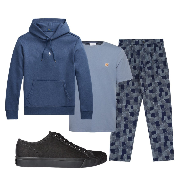 Outfit uomo - Total look #1960220. Stile Casual per Tutti i giorni. Abbinamento con pantaloni cargo, sneakers, felpe con cappuccio, t-shirt.