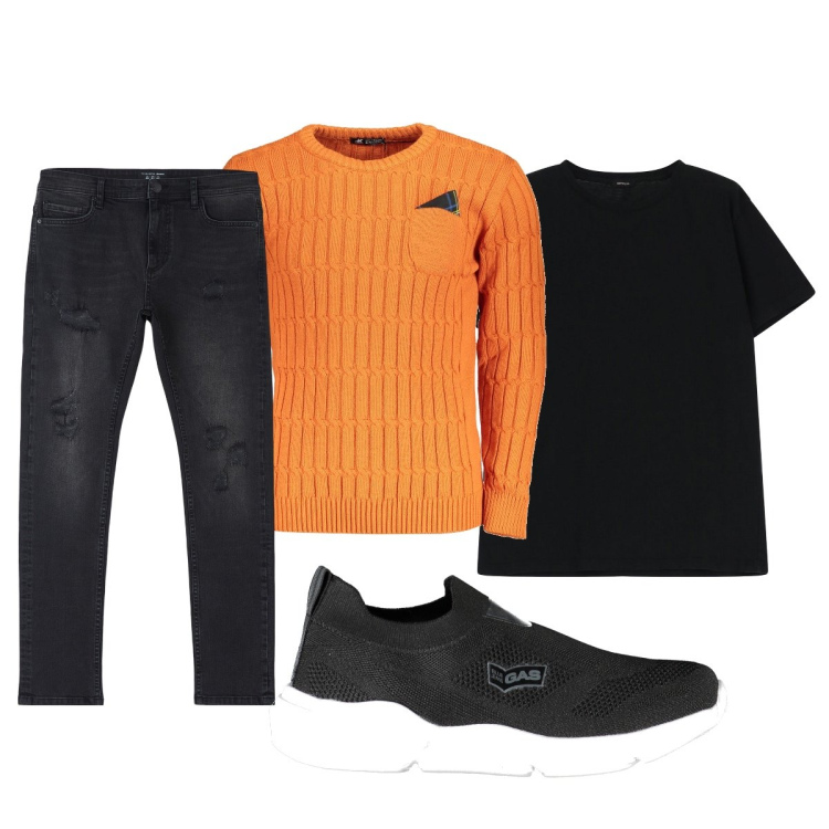 Outfit uomo - Total look #1960225. Stile Casual per Tutti i giorni. Abbinamento con jeans strappati, t-shirt, maglieria, sneakers.