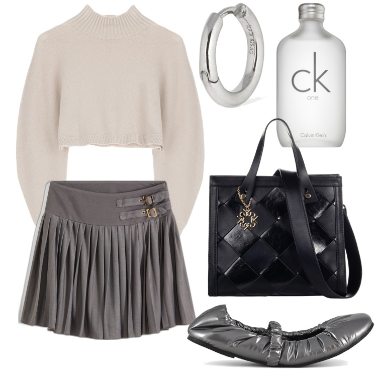Outfit donna - Total look #1960251. Stile Preppy per Tutti i giorni. Abbinamento con gonne, profumi, borse a mano, maglieria, ballerine, orecchini.