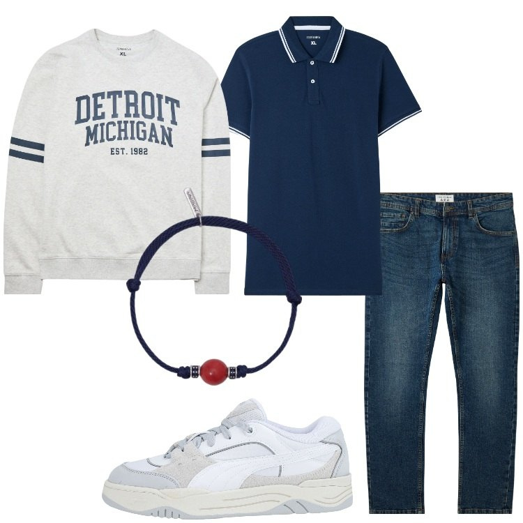 Outfit uomo - Il denim casual. Stile Casual per Tutti i giorni. Abbinamento con sneakers, jeans, felpe, polo, braccialetti.